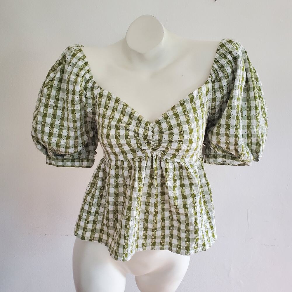 Free the Roses Gingham‎ Check Blouse Small Olive Green Embroidered Eyelet NWT